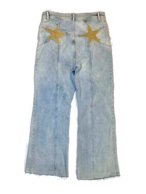 Anthro We The Free People Firecracker Yellow Suede Star Flare Jeans 31 Petite